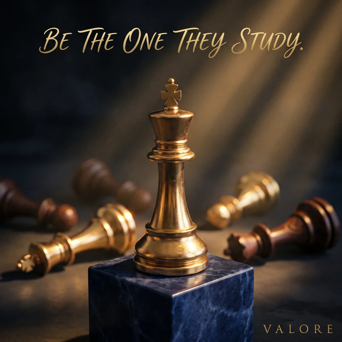 A gold chess king on a marble plinth among fallen pieces, with the line Be The One They Study, by Valore