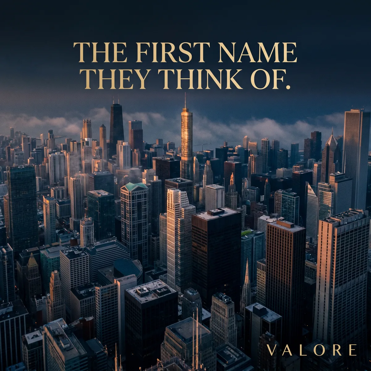 A city skyline at dusk with the line The First Name They Think Of, by Valore