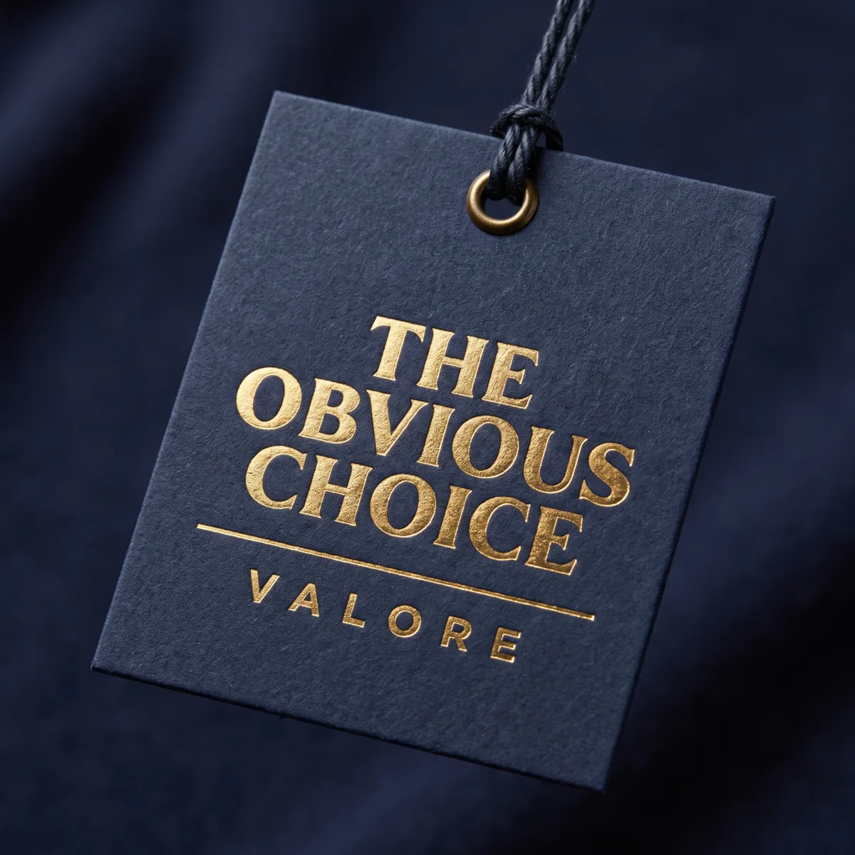 A navy hangtag in gold foil reading The Obvious Choice, by Valore