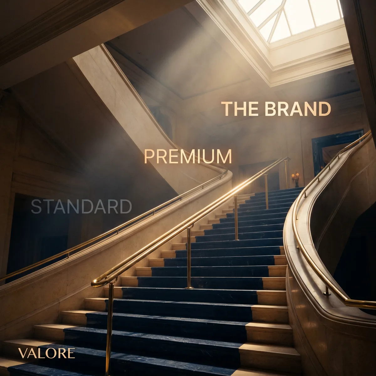 A grand marble staircase with brass railings and the ascending words Standard, Premium, The Brand, by Valore