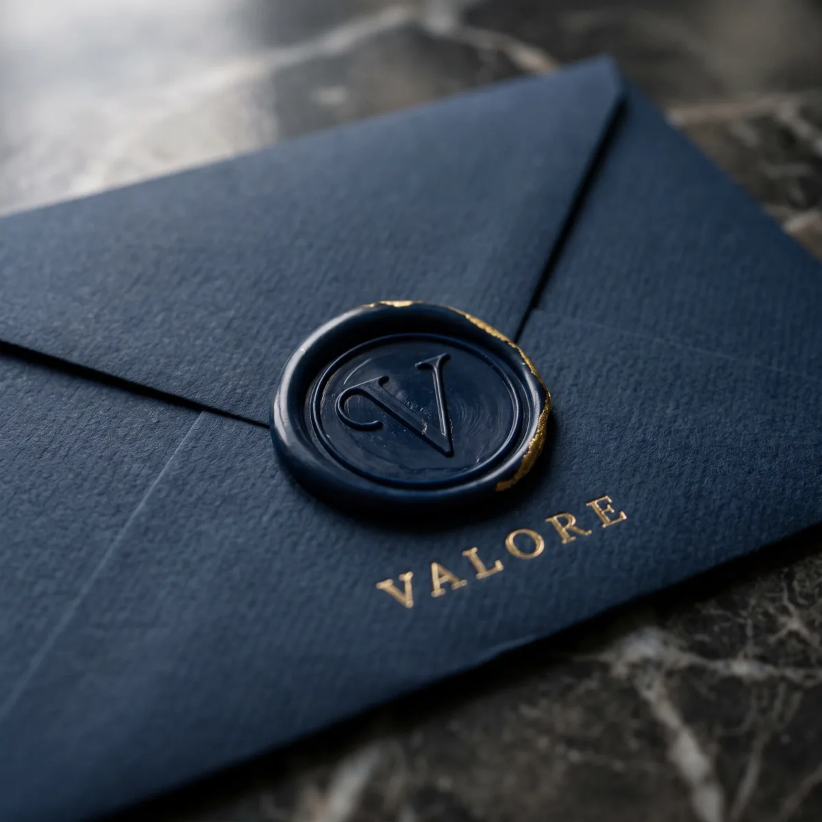 A navy envelope sealed with a gold-edged Valore wax seal on marble